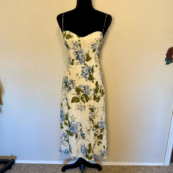 Reformation Juliette Floral Print Midi Georgette Dress White Blue Green Size 6 - Picture 2 of 14